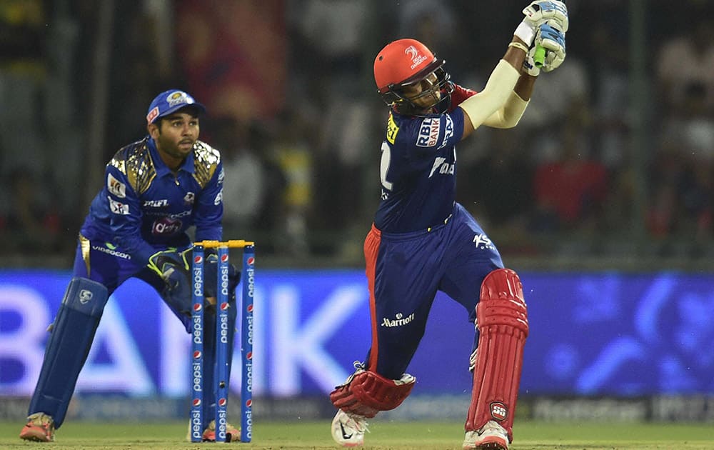 Delhi Daredavils batsman Shreyas Iyer plays a shot during IPLT 20 match against Mumbai Indians in New Delhi.