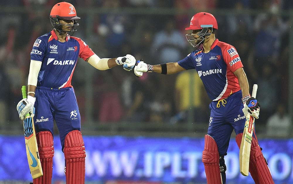 Delhi Daredavils batsman J P Duminy and Shreyas Iyer celebrates during IPLT20 match against Mumbai Indians in New Delhi.