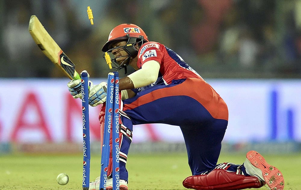 Delhi Daredavils batsman S Iyer gets clean bowled during IPL T20 match against Mumbai Indians in New Delhi.