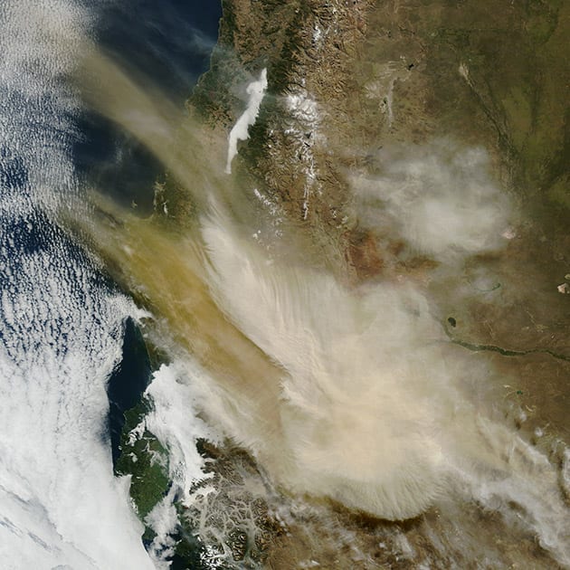 This photo provided by NASA’s Earth Observatory shows an image taken by the Moderate Resolution Imaging Spectroradiometer on NASA’s Terra satellite of an ash plume coming from the Calbuco volcano in Chile.