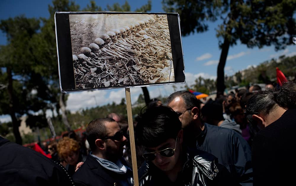 Armenians demonstrate in front of the Turkish consulate to commemorate the 100th anniversary of the 1915 Armenian genocide, in Jerusalem, Israel.
