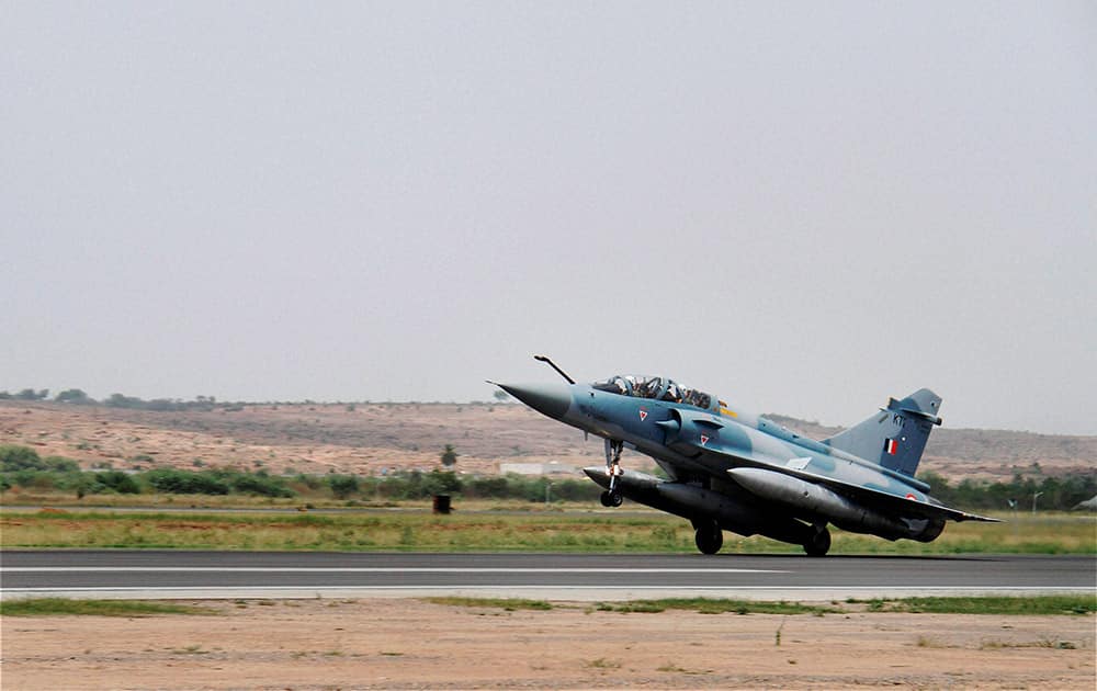 Two upgraded Mirage 2000 landing at Air Force Station, Gwalior, Madhya Pradesh after being flown from Istres, France.