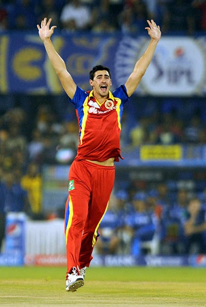 Mitchell Starc of Royal Challengers Bangalore appeals unsuccessfully against Rajasthan Royals during an IPL match against in Ahmedabad.