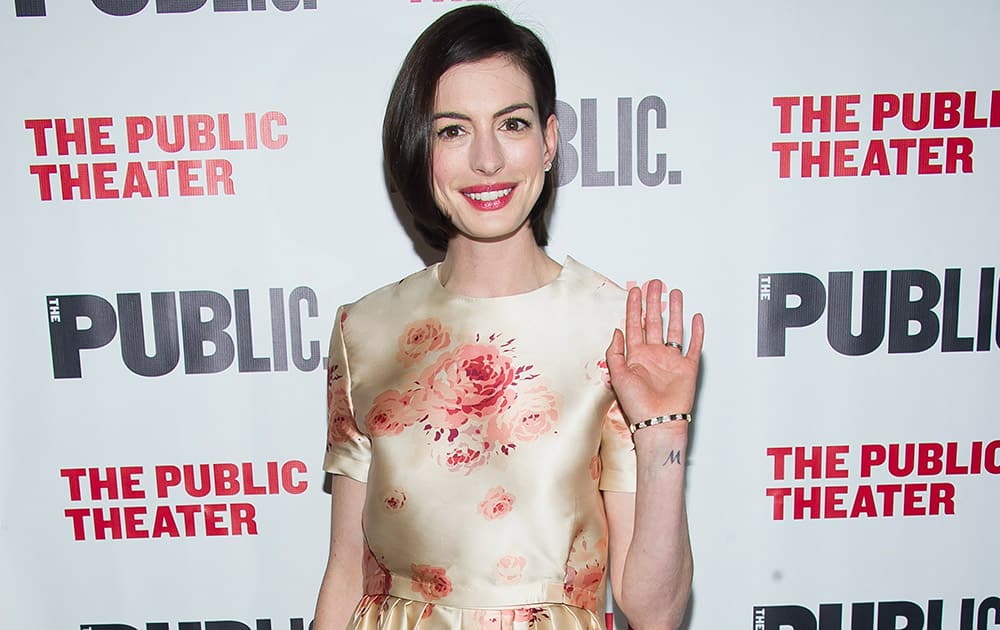 Anne Hathaway attends the 'Grounded' celebration at The Public Theater, in New York.