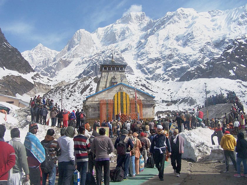 Long queue of devotees outside Kedarnath temple on the day temple doors were opened in Kedarnath, Rudraprayag district of Uttarakhand.