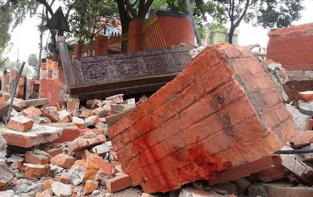 A collapsed building is seen in Nepal's capital Kathmandu.