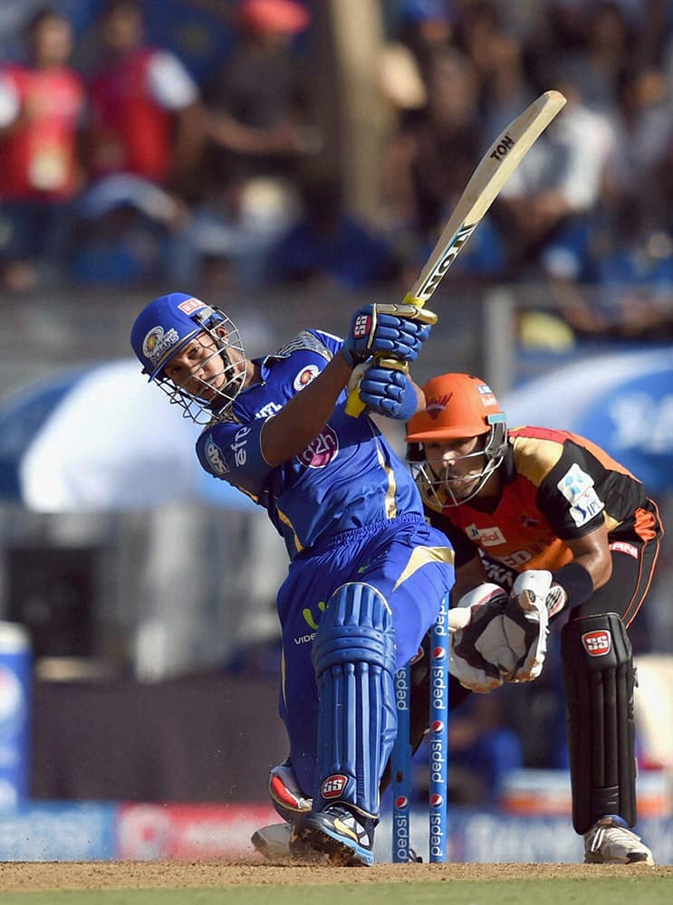 Mumbai Indians Lendl Simonds plays a shot during the IPL match against SRH in Mumbai.