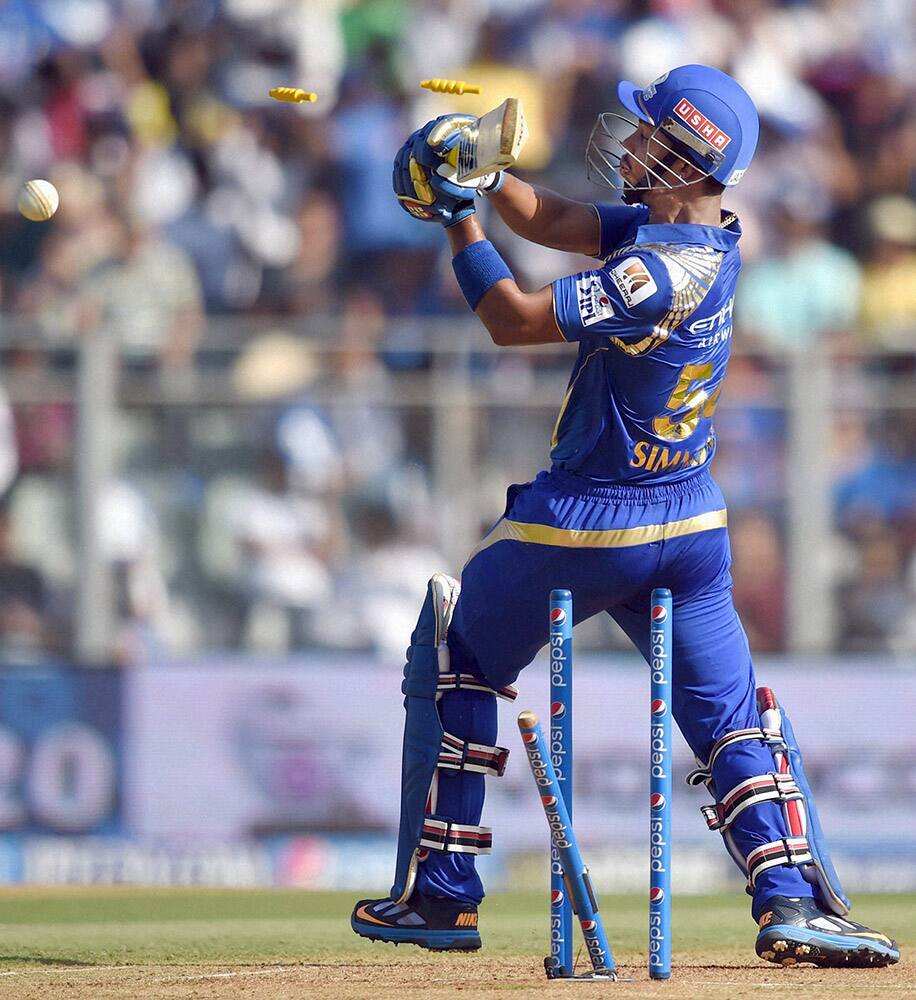 Mumbai Indians Lendl Simonds loses his wicket during the IPL match against SRH in Mumbai.