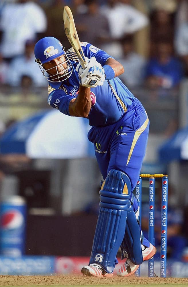 Mumbai Indians player Kieron Pollard plays a shot during the IPL match against SRH in Mumbai.