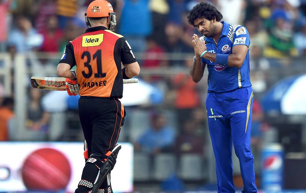 Mumbai IndiansLasith Malinga gestures after dismissing David Warner of Sunrisers Hyderabad during the IPL match in Mumbai.