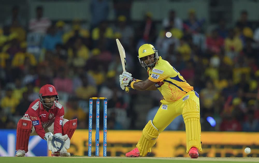 Chennai Super Kings’ D Smith plays a shot during the IPL-2015 match against Kings XI Punjab at MAC Stadium in Chennai.