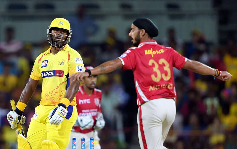 Kings XI Punjab player Anureet Singh celebrating a wicket of Chennai Super Kings player D Smith during the IPL-2015 match at MAC Stadium in Chennai.