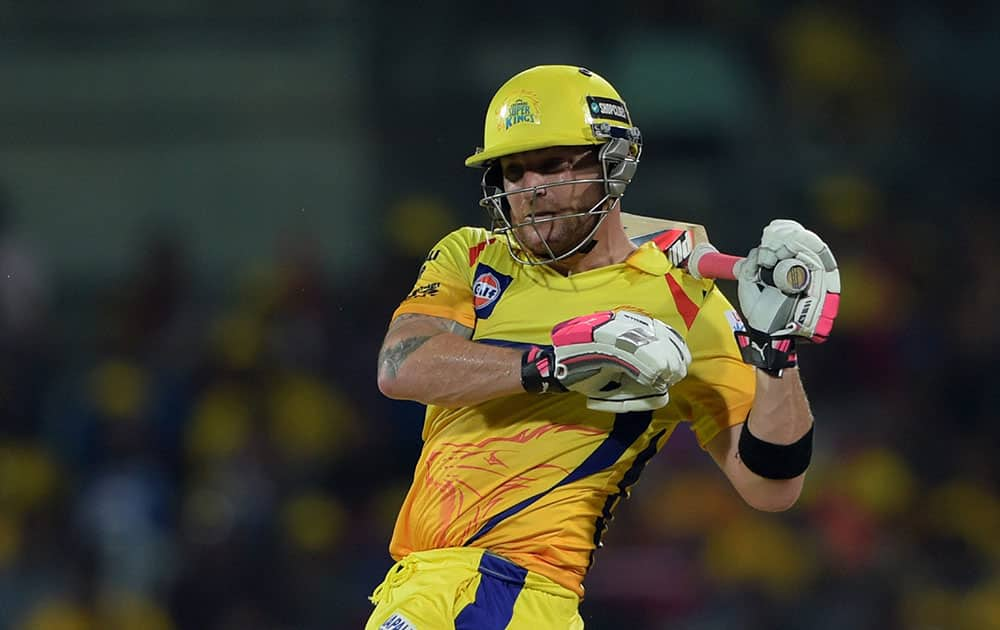 Chennai Super Kings’ player Brendon McCullum plays a shot during the IPL-2015 match against Kings XI Punjab at MAC Stadium in Chennai.