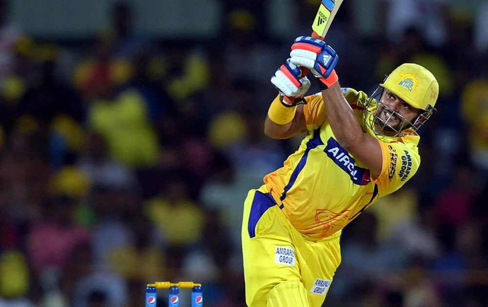 Chennai Super Kings’ player Suresh Raina plays a shot during the IPL-2015 match against Kings XI Punjab at MAC Stadium in Chennai.