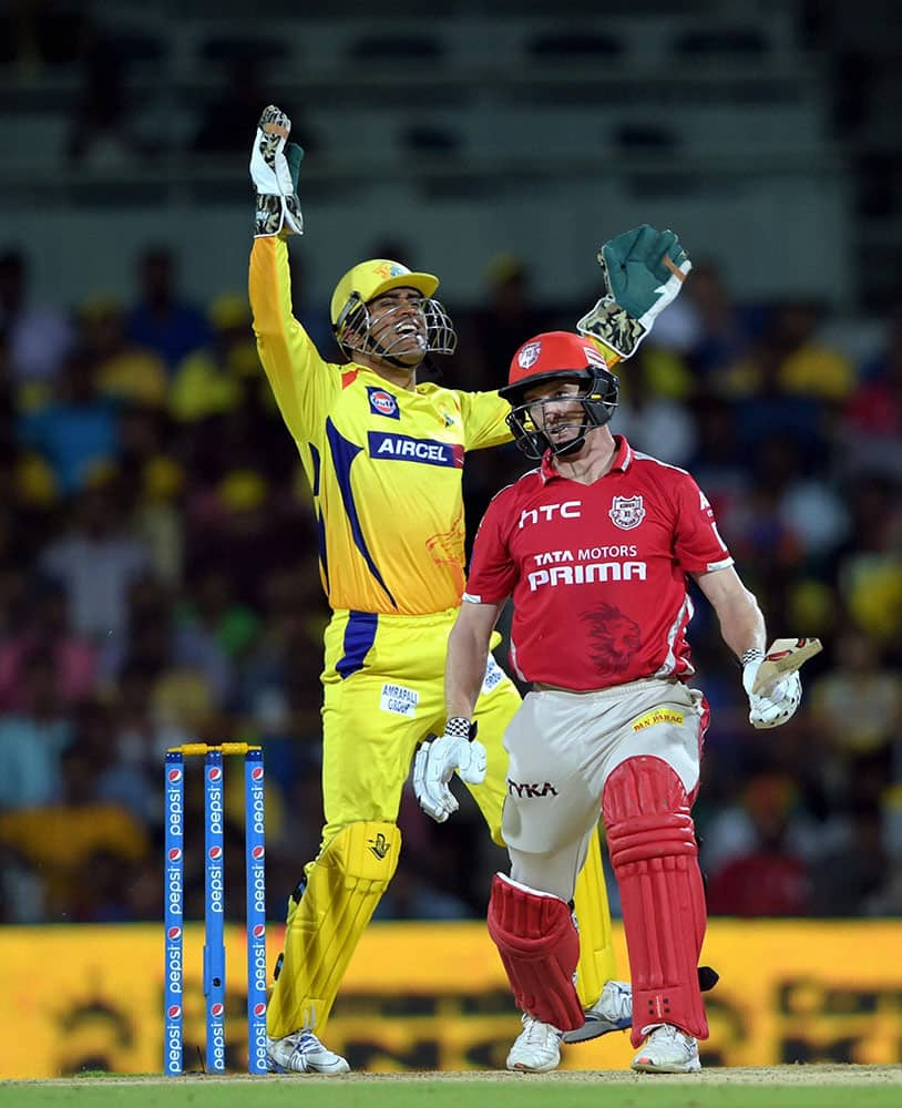 Chennai Super Kings’ skipper MS Dhoni celebrating for the wicket of Kings XI Punjab Skipper George Bailey during the IPL-2015 match at MAC Stadium in Chennai.