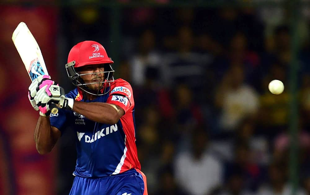 Delhi Daredevils Mayank Agarwal plays a shot during an IPL match against Royal Challengers Bangalore at Feroz Shah Kotla Stadium in New Delhi.