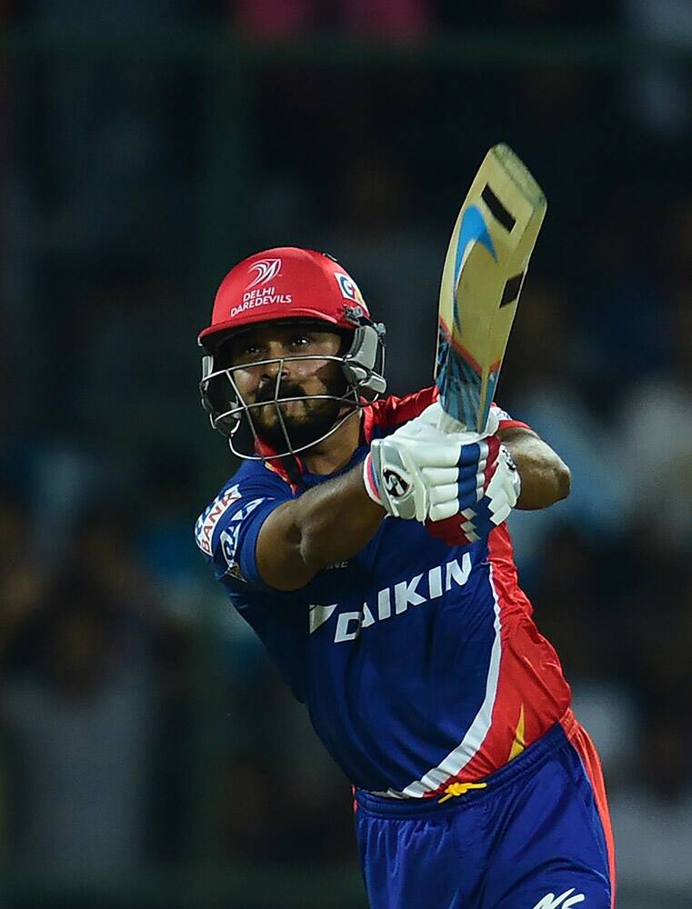 Delhi Daredevils batsman Kedar Jadhav plays a shot against Royal Challengers Bangalore during an IPL match at Feroz Shah Kotla Stadium in New Delhi.