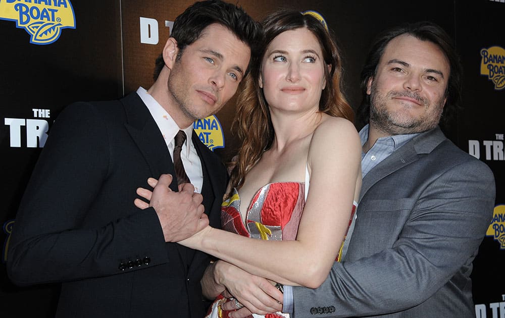 ames Marsden, from left, Kathryn Hahn, and Jack Black arrive at the LA Premiere of 