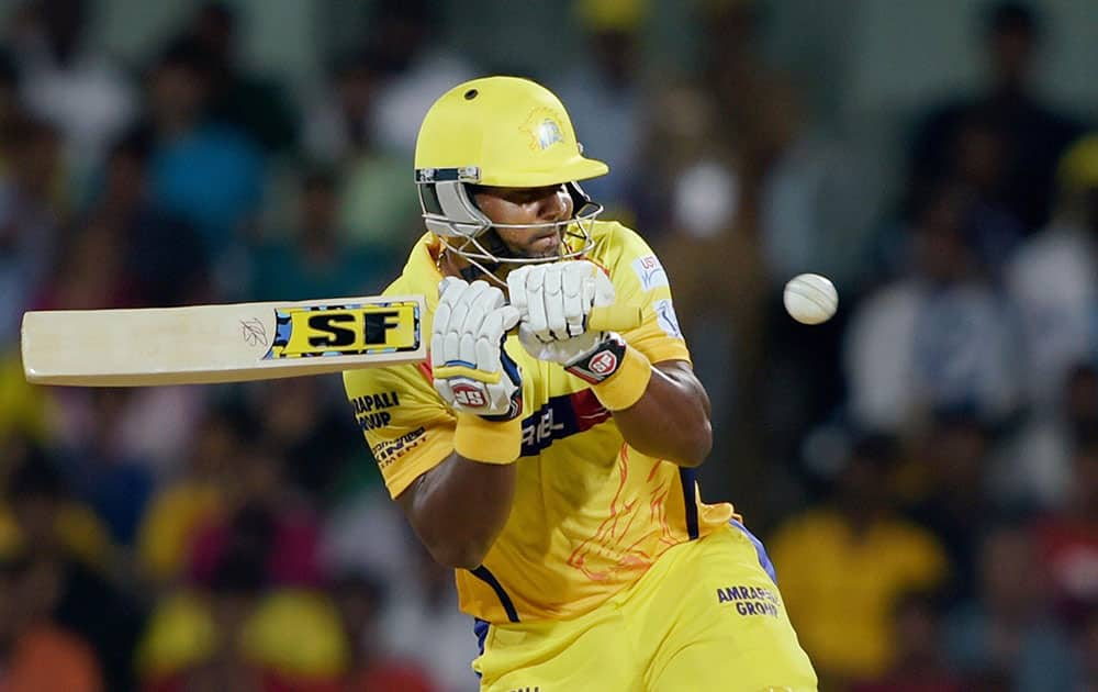 Chennai Super Kings’ opener Dwayne Smith plays a shot during the IPL-2015 match against Kolkata Kinght Riders at MAC Stadium in Chennai.