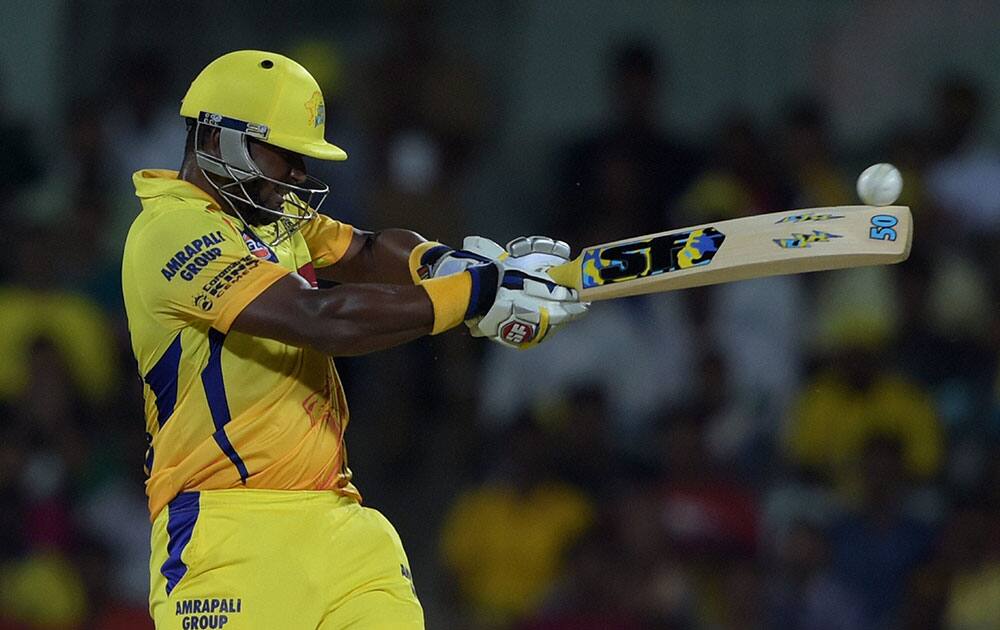 Chennai Super Kings’ batsman Dwayne Smith plays a shot during an IPL match against Kolkata Kinght Riders at MAC Stadium in Chennai.