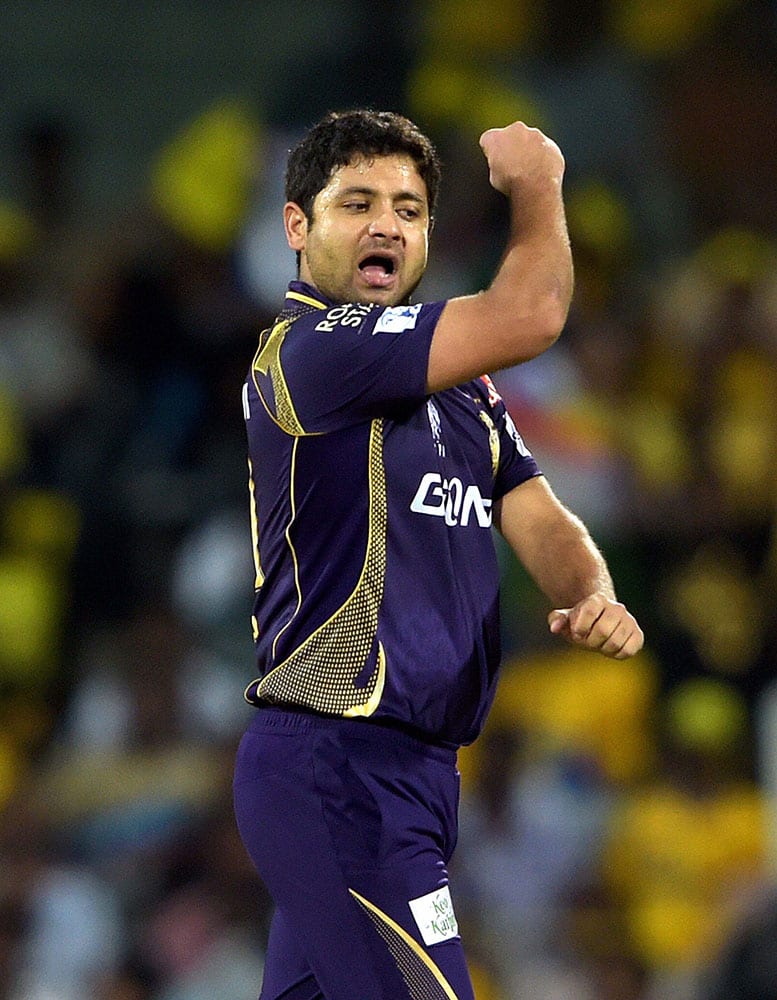  Kolkata Kinght Riders Piyush Chawla celebrates after taking a wicket of Chennai Super Kings’ Brendon McCullum during their IPL-2015 at MAC Stadium in Chennai.