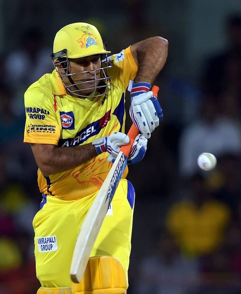 Chennai Super Kings’ Skipper MS Dhoni plays a shot during an IPL match against Kolkata Kinght Riders at MAC Stadium in Chennai .