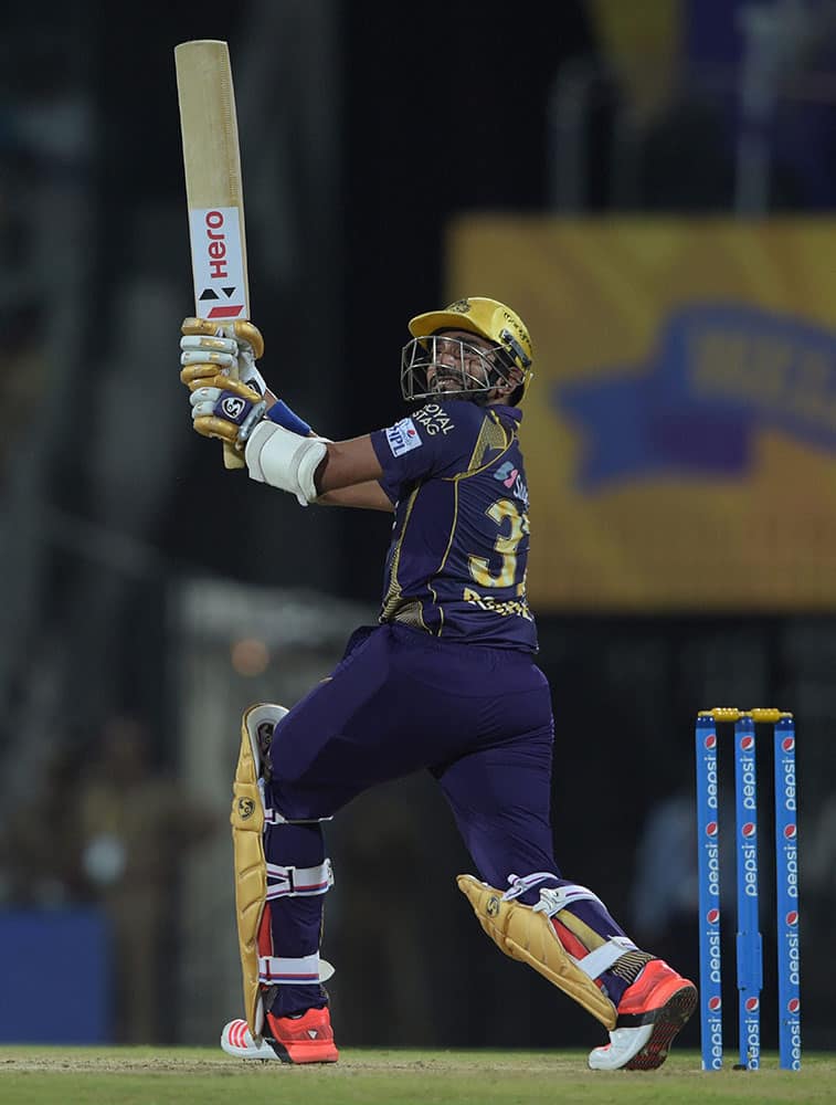 Kolkata Kinght Riders Robin Uthappa plays a shot against Chennai Super Kings during an IPL match at MAC Stadium in Chennai.