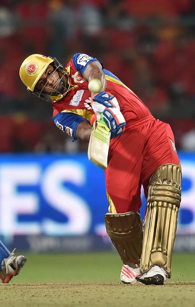 Royal Challengers Bangalores batsman Sarfaraz Khan plays a shot during an IPL match against Rajasthan Royals in Bengaluru.