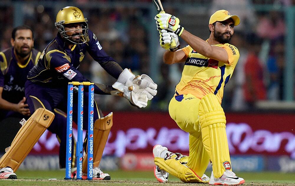 CSK batsman Ravindra Jadeja plays a shot during an IPL match against KKR at Eden Garden in Kolkata.