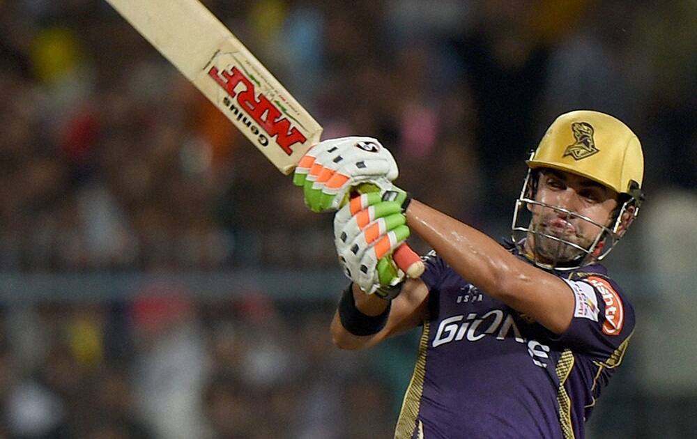 KKR batsman Gautam Gambhir plays a shot during an IPL match against CSK at Eden Garden in Kolkata.