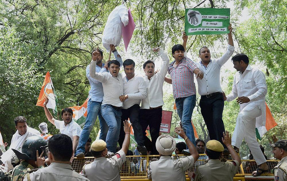 Youth Congress workers protest against Punjabs Moga molestation case near the residence of Minister of Food Processing Industries Harsimrat Kaur Badal, in New Delhi.
