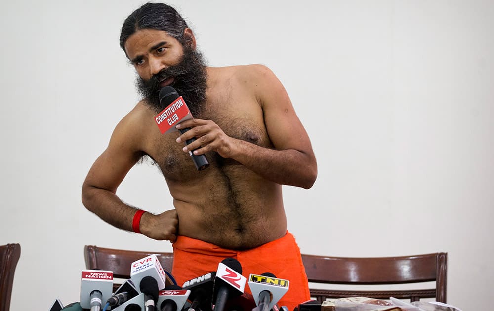 Baba Ramdev speaks to the media about an Ayurvedic medicine called “Putrajeevak Beej”, which is produced by Patanjali Ayurveda Kendra, part of a trust established by him in New Delhi.