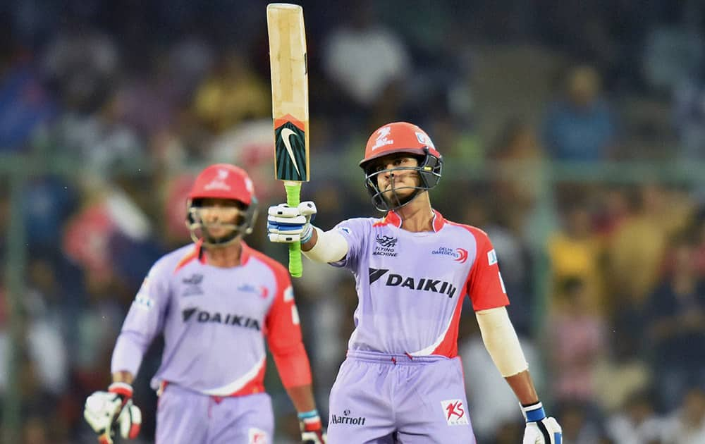 Delhi Daredevils batsman Shreyas Iyer celebrates his fifty runs against Kings XI Punjabs during their IPL match in New Delhi.