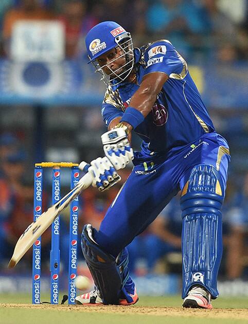 Mumbai Indians batsman K Pollard plays a shot during an IPL match against Rajasthan Royals in Mumbai.