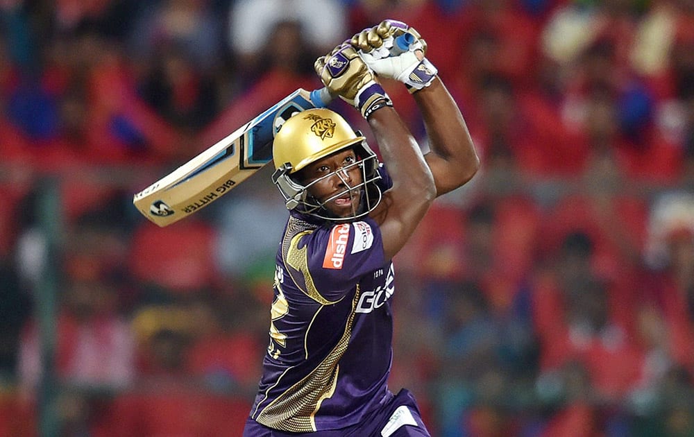 Kolkata Knight Riders Andre Russel plays a shot during the IPL match against Royal Challengers Bangalore in Bengaluru.