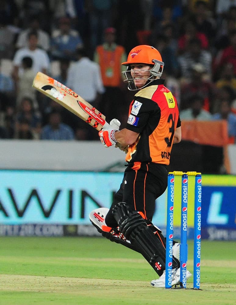 David Warner of Sunrisers Hyderabad plays a shot during their IPL match against Chennai Super Kings in Hyderabad.