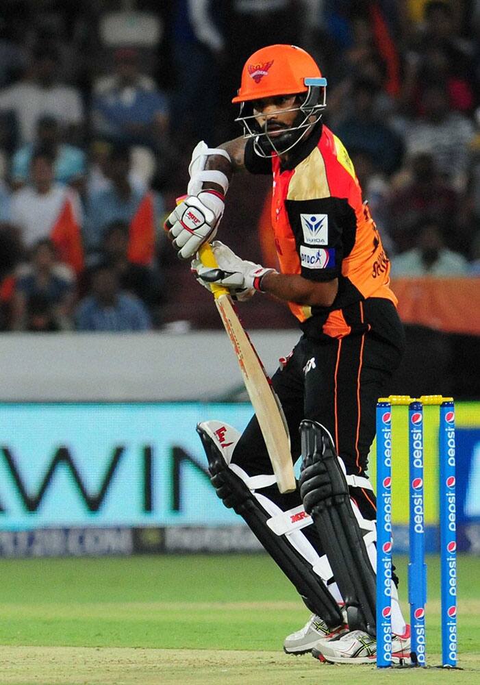 Shikhar Dhawan of Sunrisers Hyderabad plays a shot during the IPL match against Chennai Super Kings in Hyderabad.