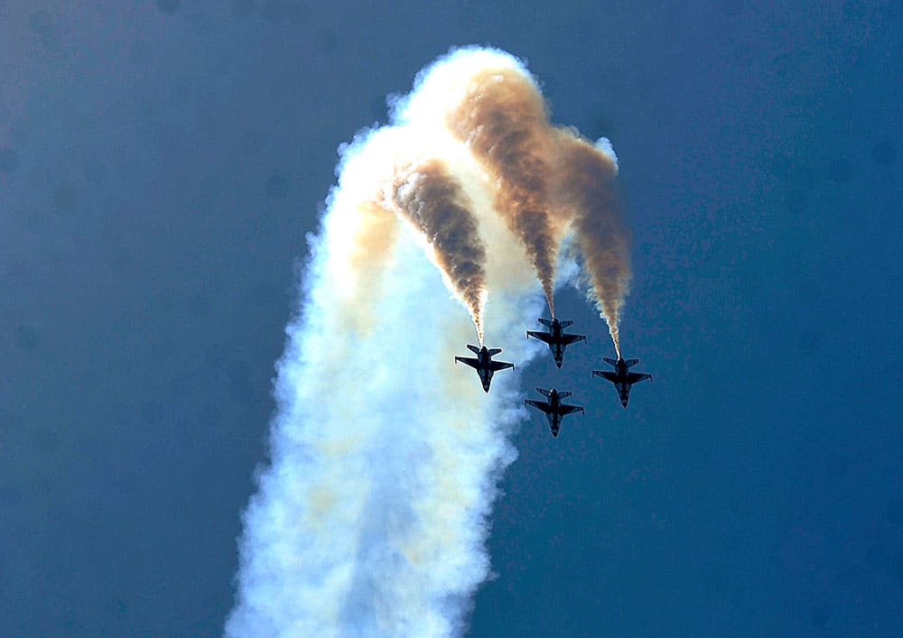 The United States Air Force Thunderbirds perform for the crowd during the Dyess Big Country AirFest at Dyess Air Force Base in Abilene, Texas.