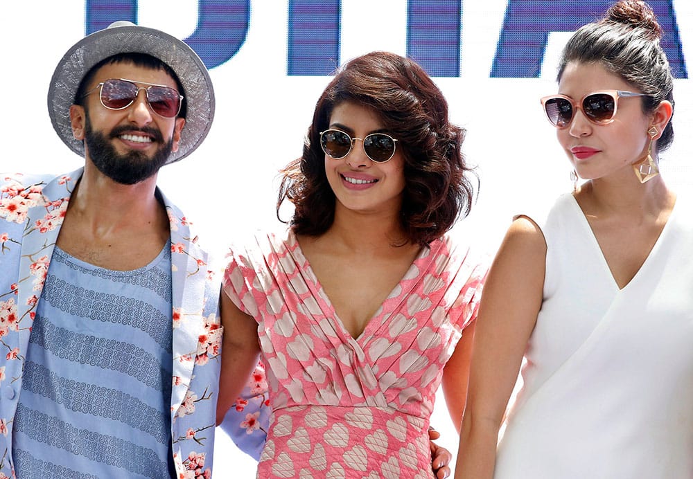 Bollywood actors from left, Ranveer Singh, Priyanka Chopra and Anushka Sharma pose during the song launch of their upcoming movie ‘Dil Dhadakne Do’ in Mumbai.