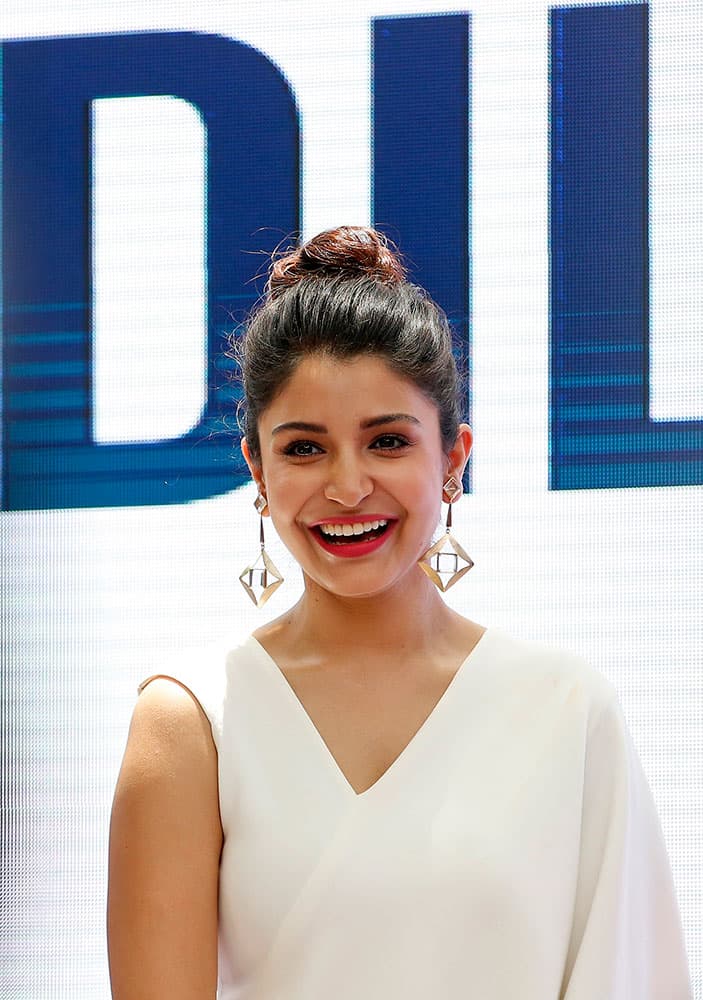 Bollywood actress Anushka Sharma smiles during the song launch of the upcoming movie ‘Dil Dhadakne Do’ in Mumbai.