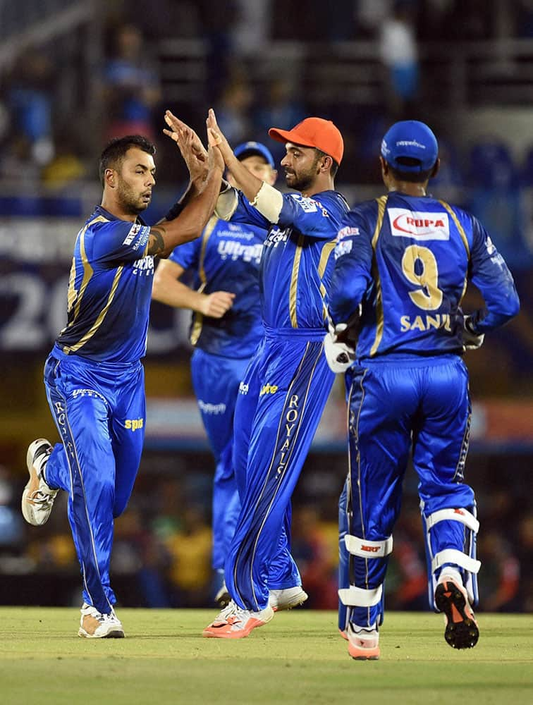 Rajasthan Royals players celebrate the wicket of Mayank Agarwal of Delhi Daredavils during an IPL match in Mumbai.