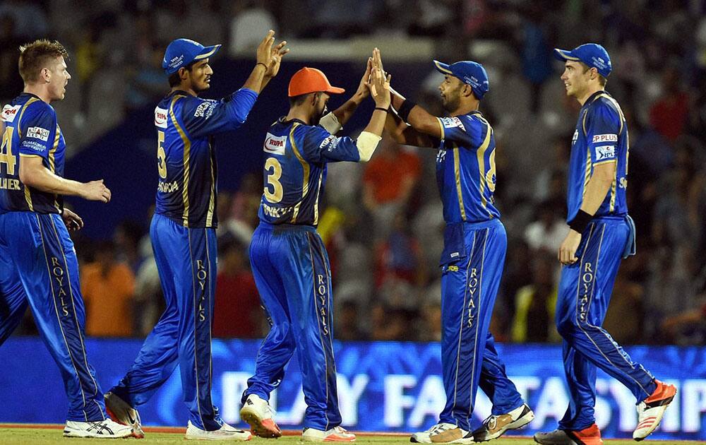 Rajasthan Royals players celebrates the wicket of DDs Yuvraj Singh during an IPL match in Mumbai.