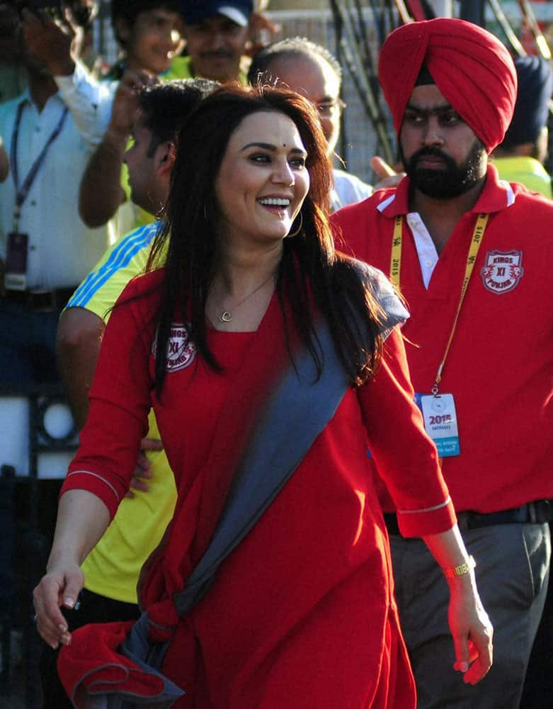 Kings XI Punjab Co-owner Preity Zinta during IPL match between The Kings XI Punjab and The Mumbai Indians in Mohali.