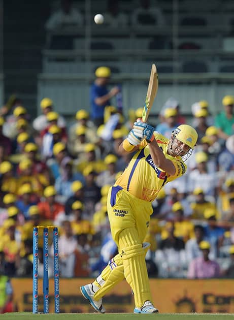 Chennai Super Kings’ player Suresh Raina plays a shot during the IPL match against Royal Challengers Bangalore at MAC Stadium in Chennai.