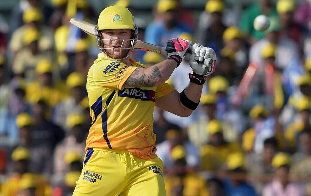 Chennai Super Kings’ player Brendon McCullum plays a shot during their IPL match against Royal Challengers Bangalore at MAC Stadium in Chennai.