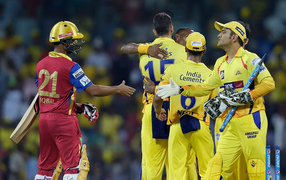 Chennai Super Kings players celebrating their win over Royal Challengers Bangalore during their IPL-2015 match at MAC Stadium in Chennai.