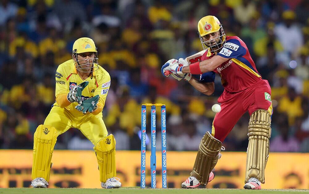 Royal Challengers Bangalore Skipper Virat Kohli plays a shot during the IPL-2015 match against Chennai Super Kings at MAC Stadium in Chennai.