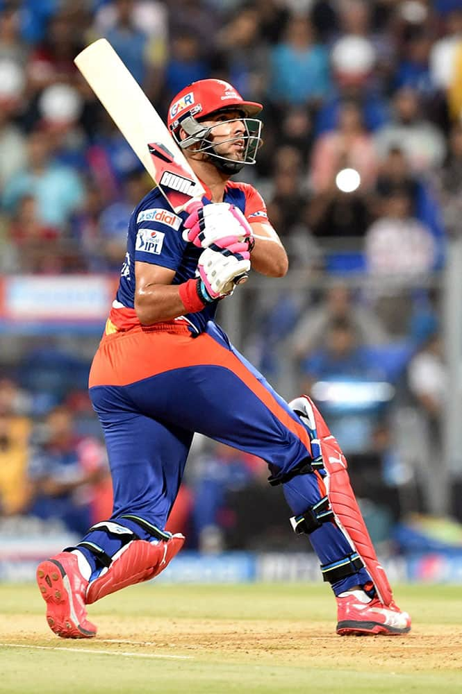 Delhi Daredevils batsman Yuvraj Singh plays a shot against Mumbai Indians during the IPL T20 match in Mumbai.