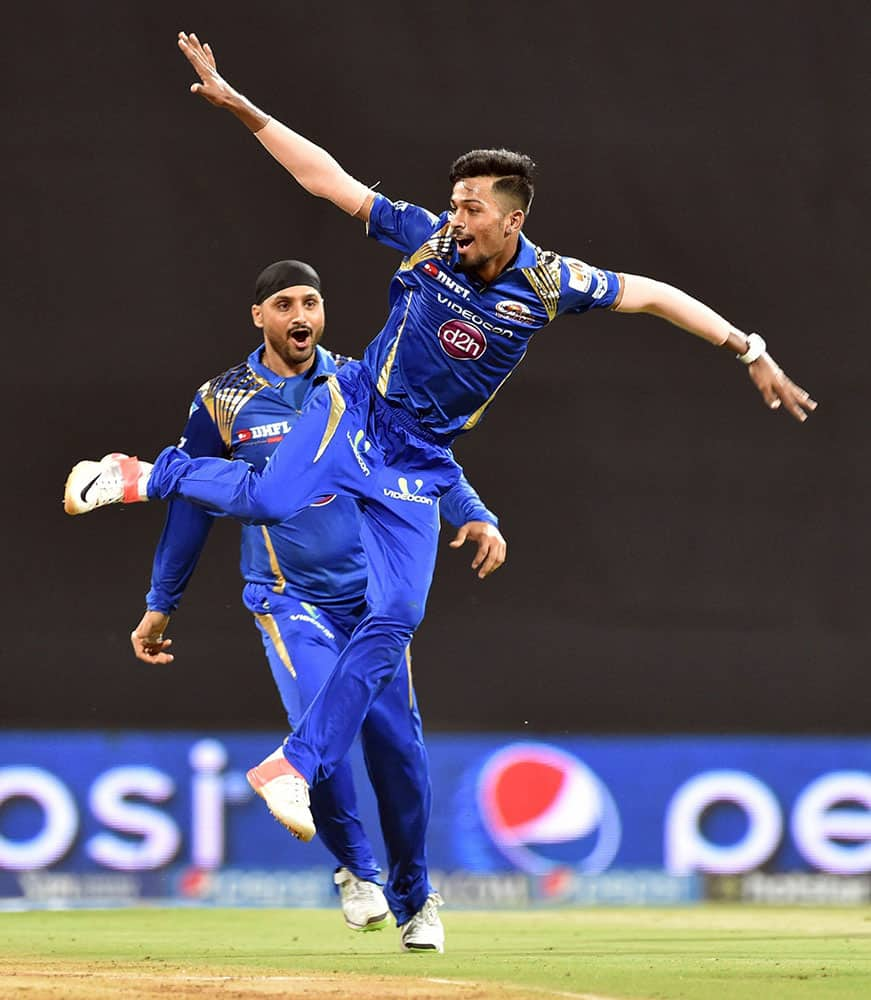 Mumbai Indians bowler Hardik Pandya celebrates the wicket of Delhi Daredevils batsman Mathews during a IPL T20 match played in Mumbai.