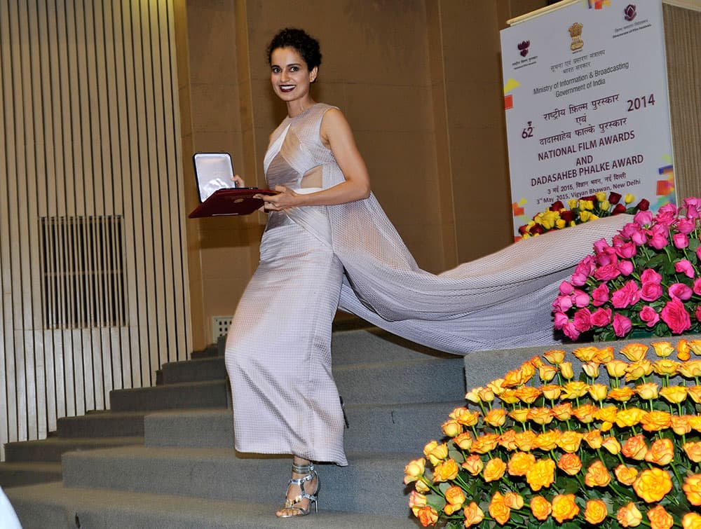 Kangana Ranaut after receiving the Best Actress Award from President Pranab Mukherjee for her role in Bollywood film Queen at the 62nd National Film Award ceremony in New Delhi. -DNA